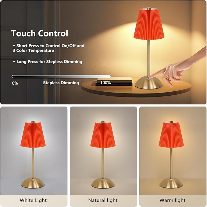 Cordless LED Red Orange Table Lamp with Dimmer, Built-in Rechargeable Battery, 3-Level Brightness, Patio Table Lamp, Bedside Night Lamp, Ambient Light for Restaurant, Antique Brass (Orange)