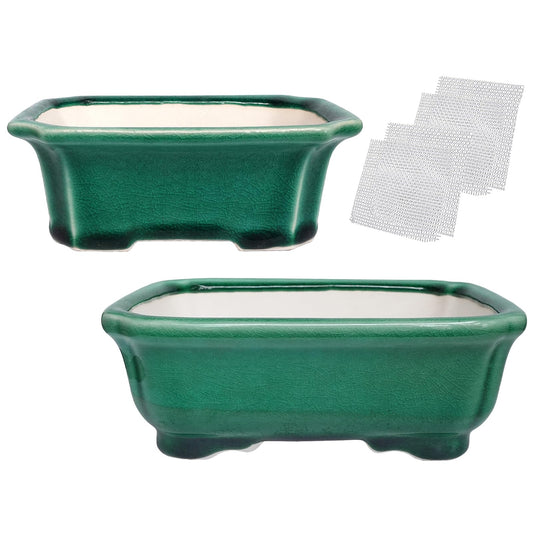 Set of 2 Zisha White Clay Bonsai Pot Glazed Shallow Succulent Planter Green