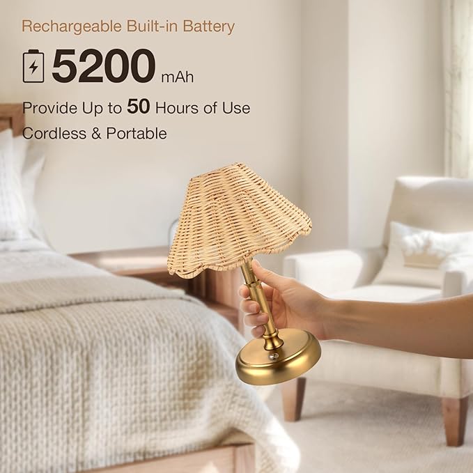 Mini Cordless Boho Rattan Table lamp, 5200-mAh Rechargeable Battery, 3-Level Brightness Dimmable, Build-in Integrated LED 320 Lumen Max, Rattan Shade, for Bedside Restaurant Dining Table