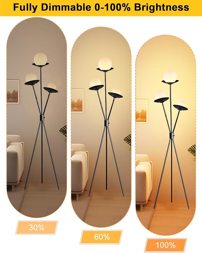 3 Globe Dimmable Tripod Floor Lamp, Mid Century Tree Floor Lamps with 3Pcs 3000K Bulbs Included, Modern Standing Tall Lamp for Living Room Bedroom Home Office Corner-Black