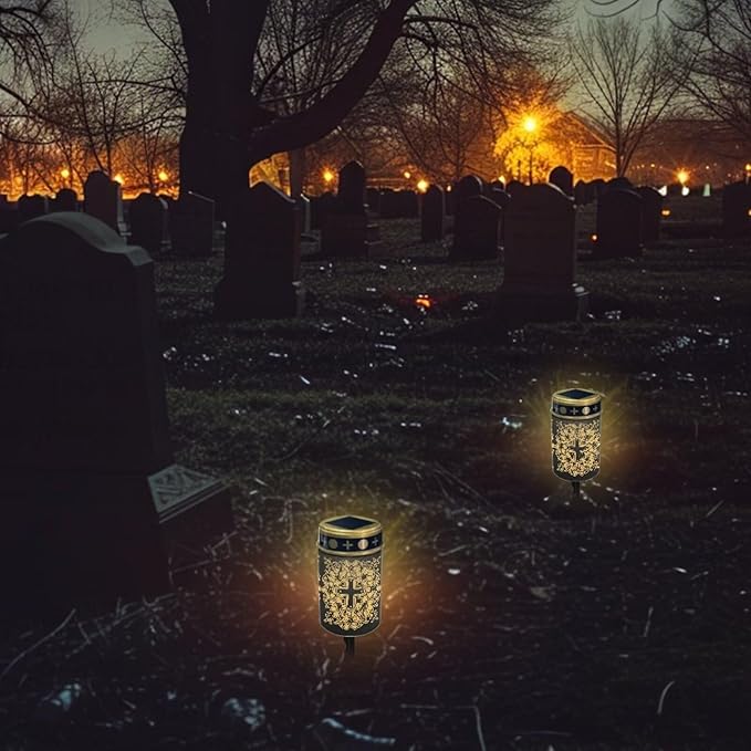Cemetery Solar Lights Waterproof Solar Powered Grave Lights Golden Cross Landscape LED Flameless Candle Grave Decor Memorial Gift Garden Decor