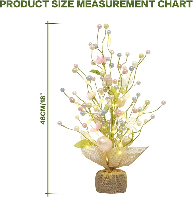 RoseCraft Easter Decorations, 18 Inch Pre-Lit Easter Egg Tree Tabletop Decor with Delicate Ornaments, for Home Party Wedding Holiday Spring Summer Decoration, Green/White/Pink.