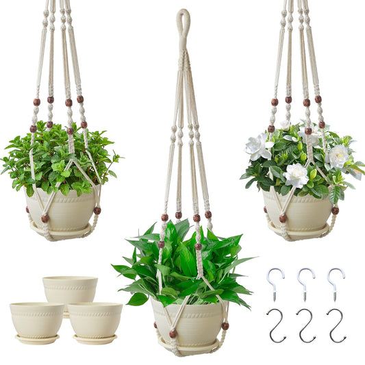 Checrxy Macrame Plant Hanger with Pot, 3 Set Hanging Planters for Indoor Plants, Handmade Cotton Rope Boho Home Decor, Idea Gift for Anyone, Includes Plant Holders, Pots, Plates and Hooks (Ivory)