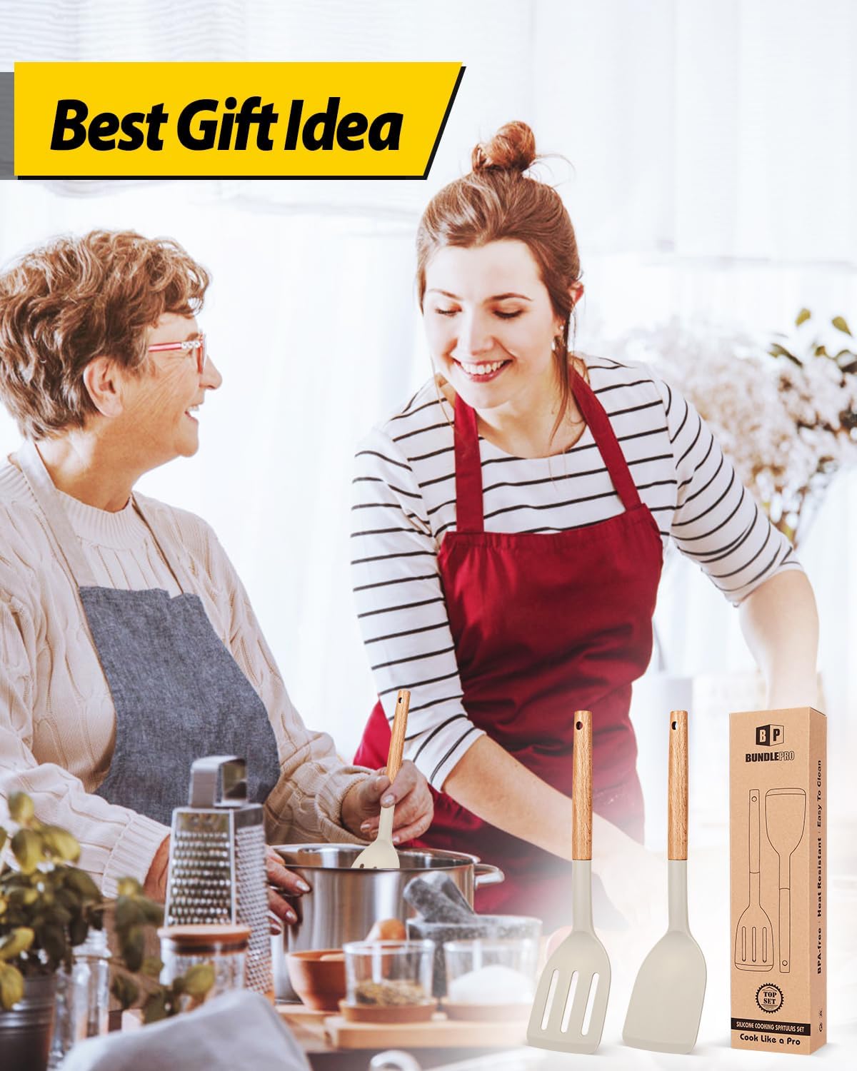 Skiennix Silicone Cooking Spatula Set - Heat Resistant Non-Stick Slotted Turner | 2-Pack with Wooden Handles