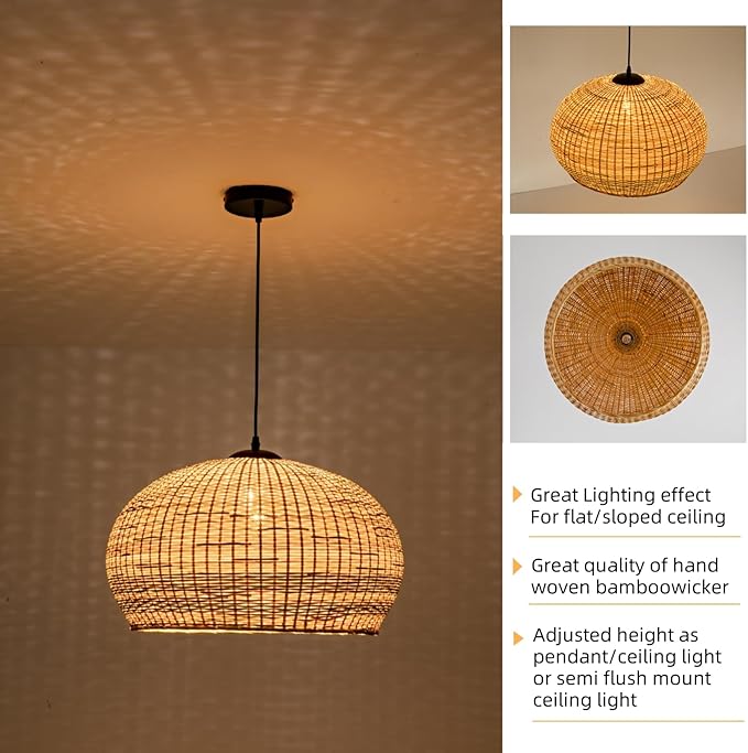 18.93in Bamboo Pendant Lights Wicker Light Hand-Woven Rattan Light Fixture Boho Coastal Ceiling Chandelier Lighting for Beach Kitchen Island Restaurant Hallway Dining Room Bedroom