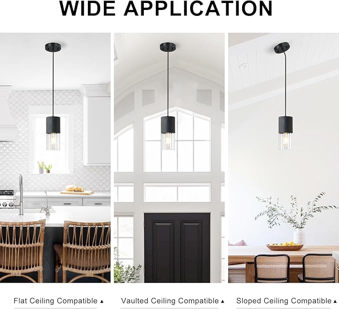 2-Pack Black Pendant Light Fixtures, Adjustable Modern Pendant Lights for Kitchen Island, Industrial Clear Glass Pendant Lights for Dining Table Hallway Bedroom Living Room