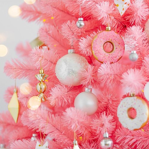 Juegoal 6 FT Artificial Christmas Tree - Spruce Hinged Design with 300 LED Warm White Lights | 8 Lighting Modes, Pink