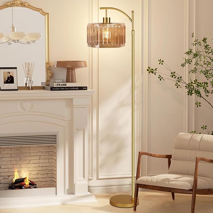 Floor Lamp for Living Room,Bedroom,Gold Dimmable Standing Lamp with Remote,Mid Century Modern Brass Tall Lamp Retro Vintage Glass Lamp Floor Light Boho Bohemian