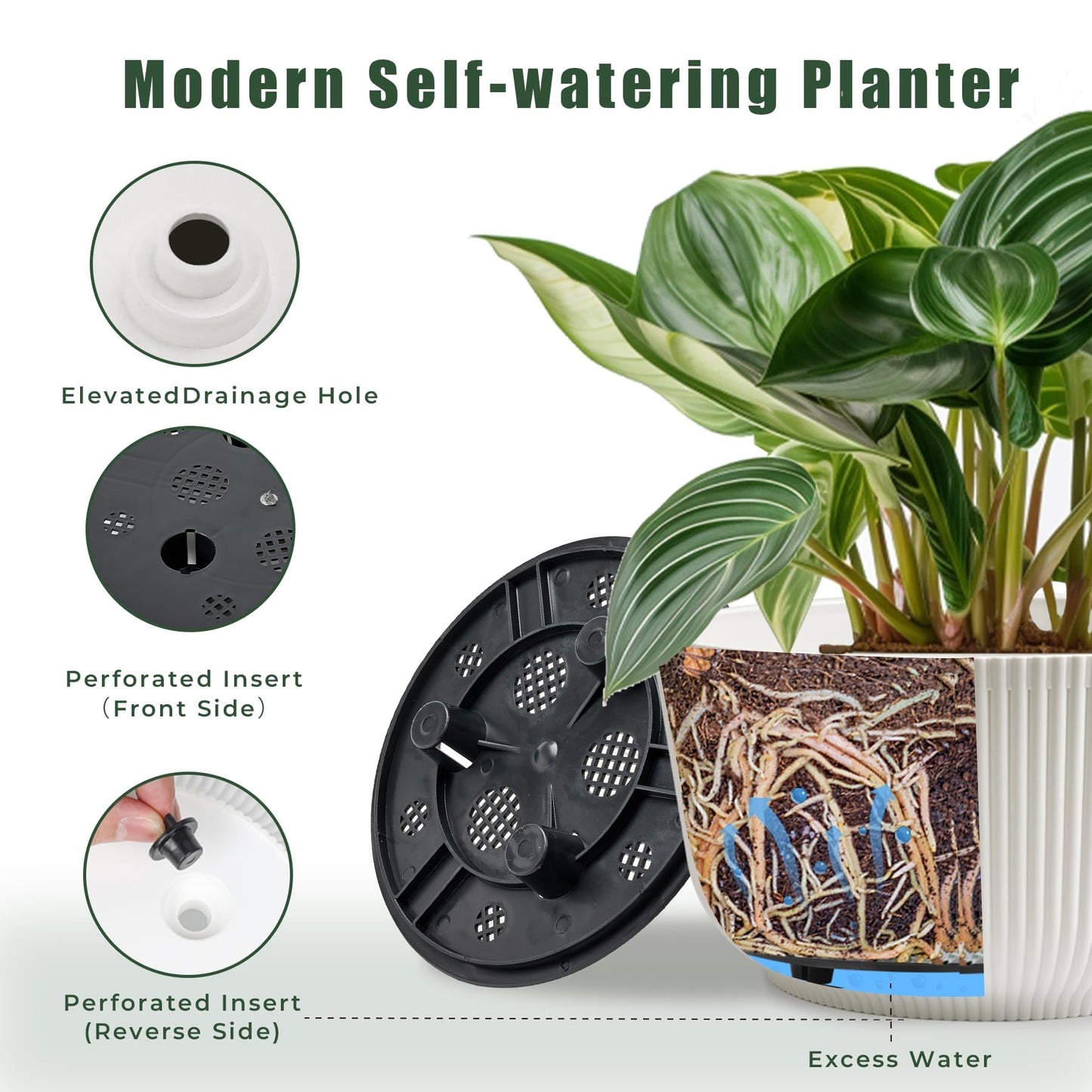 T4U 8 Inch Self Watering Pots for Indoor Plants, 2 Pack Plant Pots, Durable Plastic Self Watering Planter for Indoor Plants (2 Pack, 8", White)