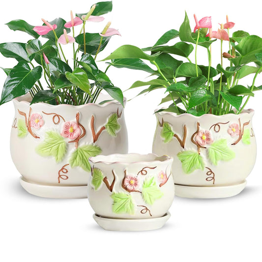 XIRYAER 3 Piece Ceramic Plant Pots with Drainage Hole and Saucer,6.7/5.1/3.9inch,Modern Decorative Planters for Indoor Plants,Round Flower Pot for Succulents,Herb Snake Plants(White)