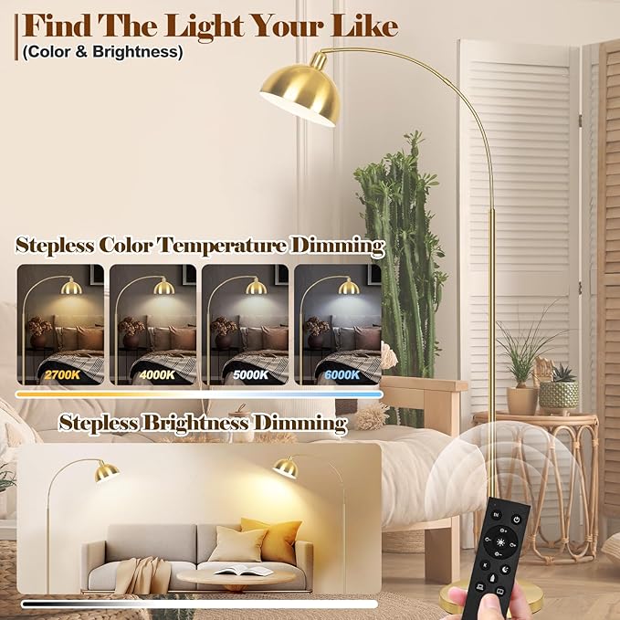 【Upgraded】 Arc Floor Lamps for Living Room - Stepless Dimmable Gold Tall Lamp with Remote Control & Color Temperature 9W LED Bulb, Over Couch Arched Reading Standing Lamp for Bedroom Brass
