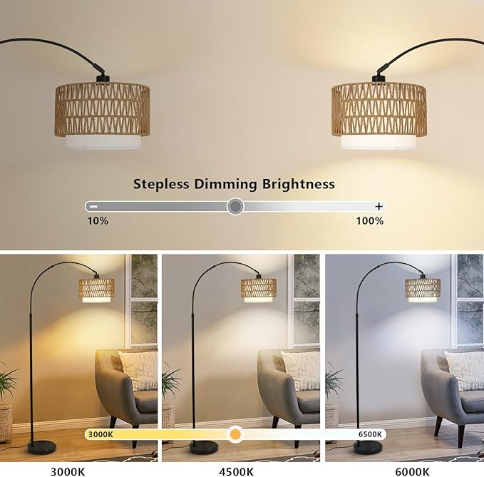 Arc Floor Lamp with Remote, Modern LED Floor Lamp with Dimmable Bulb, Boho Farmhouse Standing lamp with Fabric & Rattan Lampshades, Height Adjustable Black Tall Lamp for Living Room Bedroom