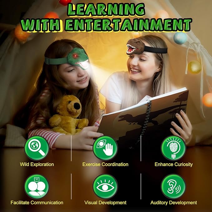 Dinosaur Headlamp for Kids Flashlight Led Headlights Roar & Silent Mode, T-Rex Dinosaur Toys for Kids 3-5 4-6 5-7 6-8, Camping Gear, Easter Gifts for Boys Girls Adults