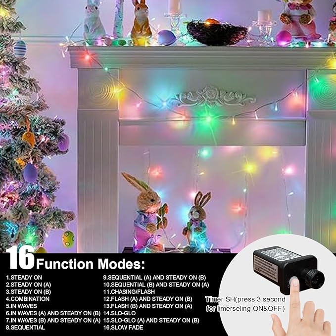 LAMPHOME 33Ft 100 LED Easter Lights Outdoor Indoor for Decorations,16modes Connectable Colorful Pastel Easter Lights String Clear Wire Plug in for Bedroom Tree Room Party Spring Decor