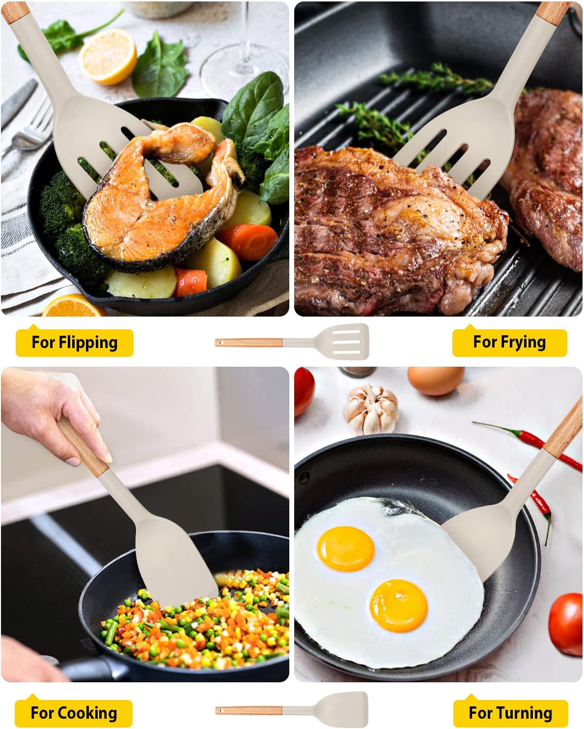 Skiennix Silicone Cooking Spatula Set - Heat Resistant Non-Stick Slotted Turner | 2-Pack with Wooden Handles