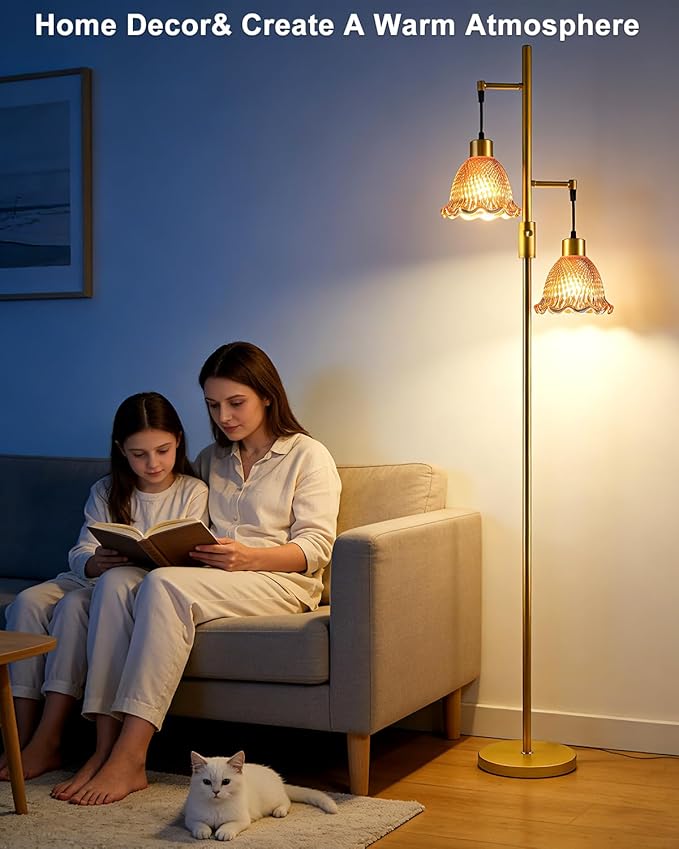 65IN Glass Floor Lamp, 2-Light Gold Tall Standing Lamps Dimmable with Rose Red Glass Lampshade, 3000K Warmwhite Mid Century Modern Floor Lamp for Living Room/Bedroom/Sofa Beside/Home Decor