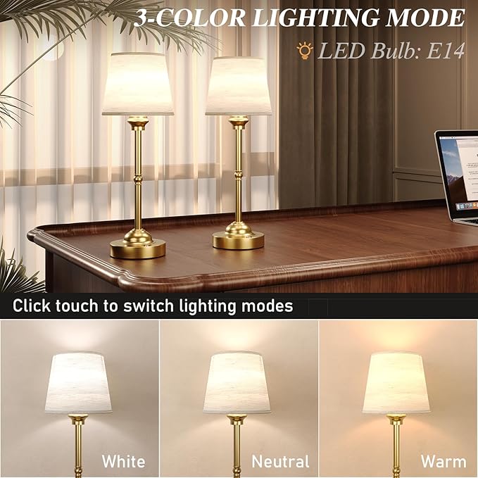 Cordless Table Lamps, 3 Colors Stepless Dimming Fabric Desk Lamp, 6000mAh Rechargeable Battery LED Desk Lamp for Bedroom, Camping, Dining, Bar, Night Light, Desk, Cafe