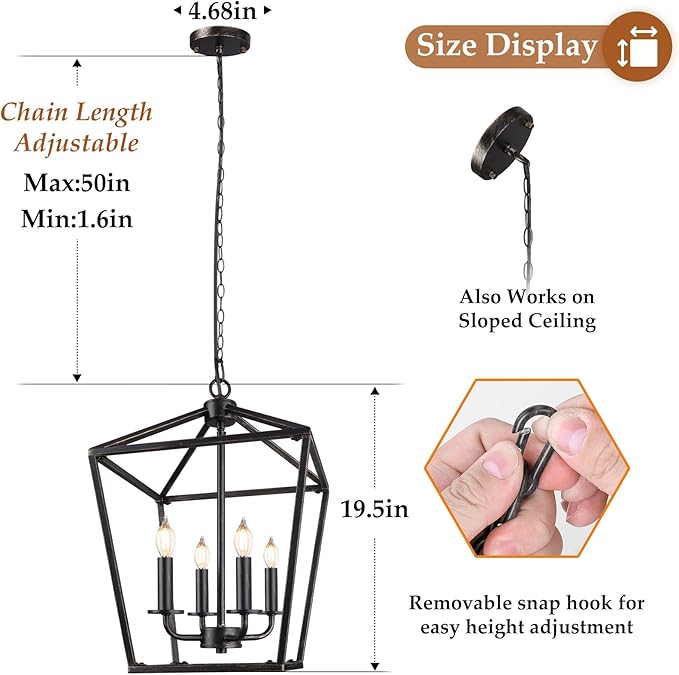 Farmhouse Chandelier 4-Light, Black & Gold Pendant Light Fixture for Kitchen Island Dining Room, Lantern Industrial Lighting Ceiling Hanging with Metal Cage Adjustable Height for Entryway Foyer
