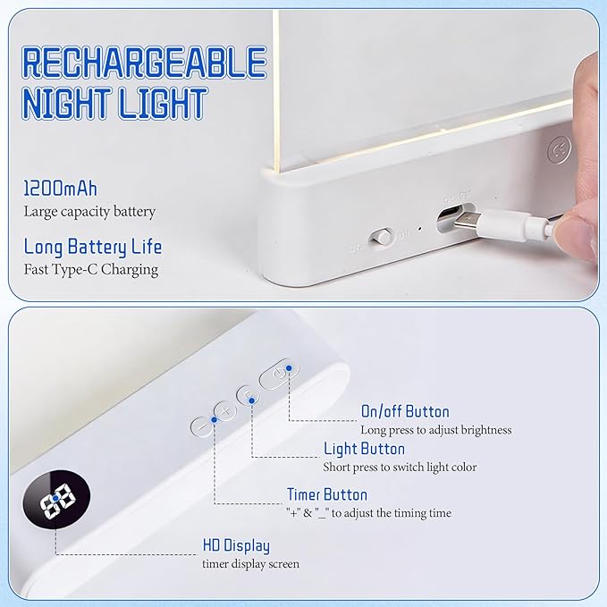 Flat Book Light, Rechargeable Clear LED Flat Reading Light with 3 Colors & Timer, Dimmable Panel Plate Book Lamp Full Page Light, Eye Protection, Book Lights for Reading at Night (White)