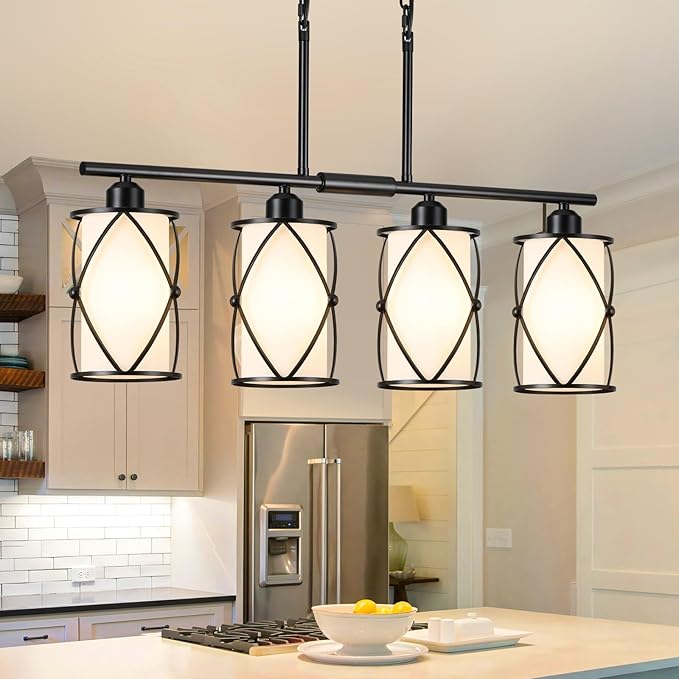 4-Light Kitchen Island Lighting, Modern Black Linear Dining Room Light Fixtures with Milk Glass, Farmhouse Industrial Chandelier Pendant Light for Kitchen Island Dining ROM, CH9176BKW-4IS