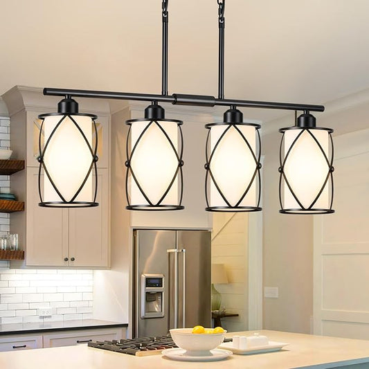 4-Light Kitchen Island Lighting, Modern Black Linear Dining Room Light Fixtures with Milk Glass, Farmhouse Industrial Chandelier Pendant Light for Kitchen Island Dining ROM, CH9176BKW-4IS