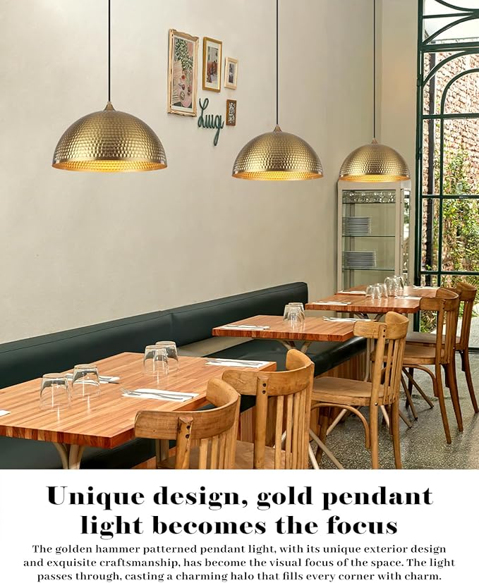 Gold Pendant Light 16 inch, Hammered Large Dome Pendant Light, Industrial Farmhouse Pendant Lights Kitchen Island, Gold Island Pendant Lights for Kitchen, Dining Room Living Room 1 Pack