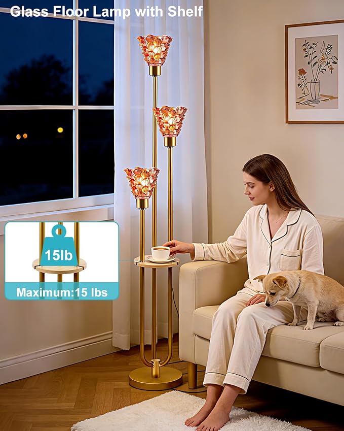 Glass Floor Lamp with Table, 62'' Gold Standing Tall Lamps with Rose Red Glass Shade, 3000K Warmwhite Mid Century Modern Floor Lamp for Living Room/Bedroom/Sofa Beside/Home Corner