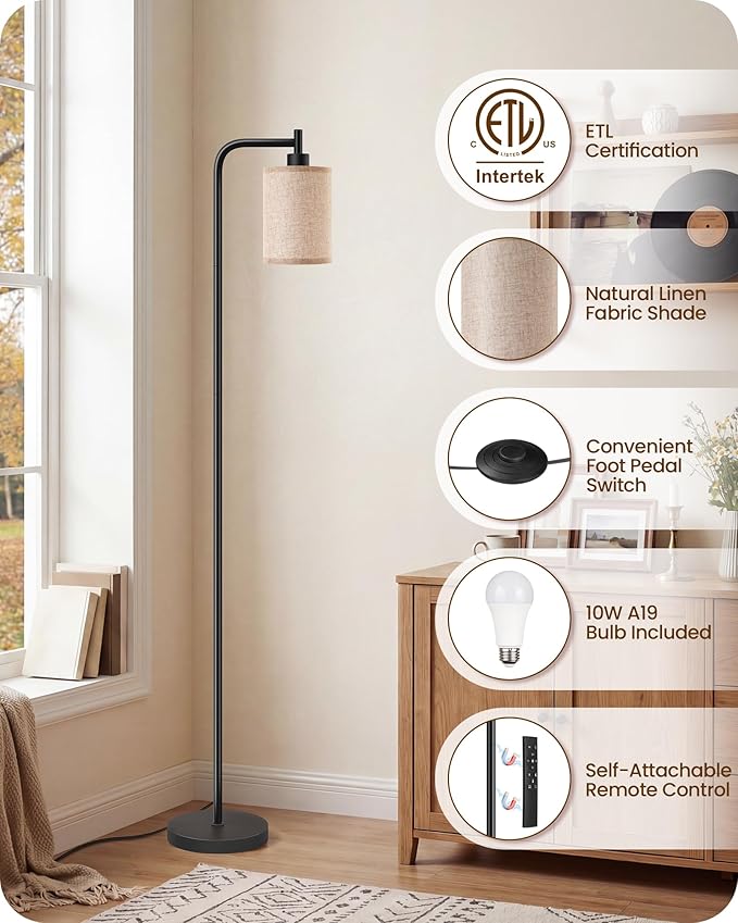 2Pack Dimmable Floor Lamp for Living Room with Remote and Foot Switch, Modern Standing, Corner Lamp,10W Bulb 3 Color Temperatures, for Bedroom, Office, ETL Listed, Black and Beige E19LDP205