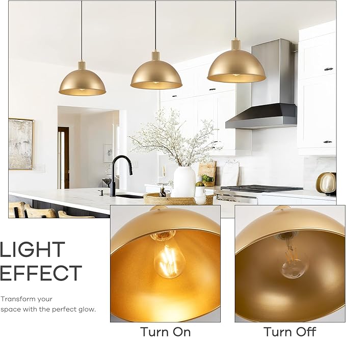 12 Inch Gold Dome Pendant Lights 2 Pack for Kitchen Island, Height Adjustable Farmhouse Industrial Hanging Light Fixtures Over Table for Dining Room, Entryway