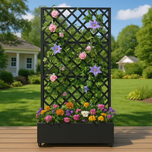 PeacefulHues Metal Planter Box, Galvanized Raised Garden Bed with Wheels & Trellis - 72"x35" Planter Box for Climbing Plants, Vines, Flowers, Black