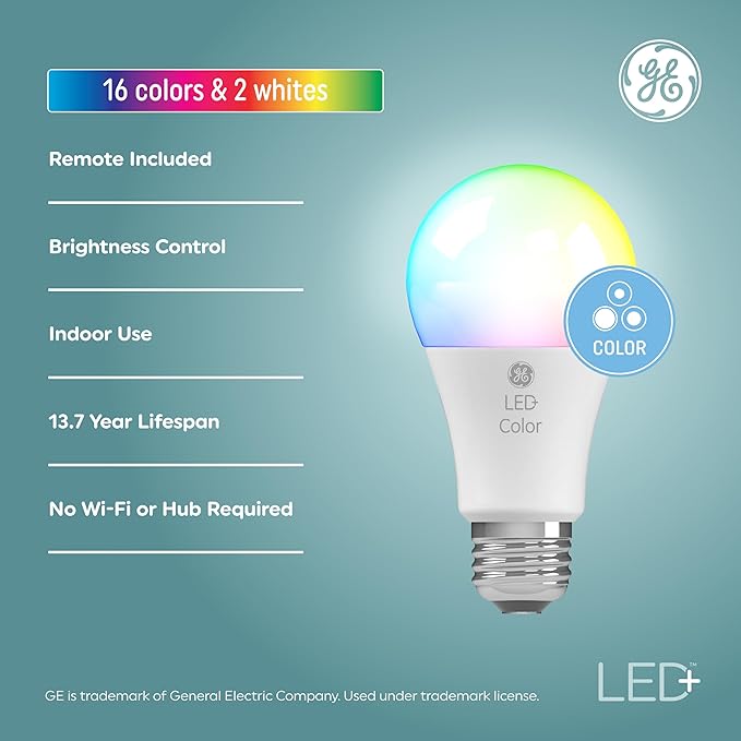 GE LED+ Color Changing LED Light Bulbs with Remote, 9.5W, No App or Wi-Fi Required, A19 (4 Pack)