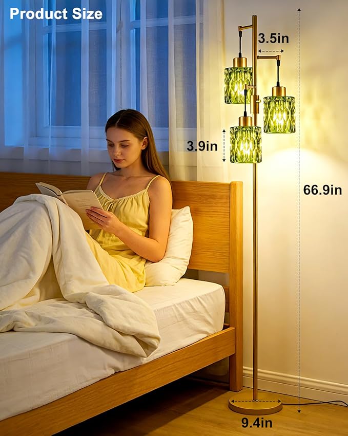 Lightdot 67" 3-Light Glass Floor Lamps for Living Room, Dimmable Floor Lamp with Green Glass Shade& E12 Bulbs Included, Mid Century Standing Tall Lamp for Bedroom/Sofa Beside/Corner Decor-Gold