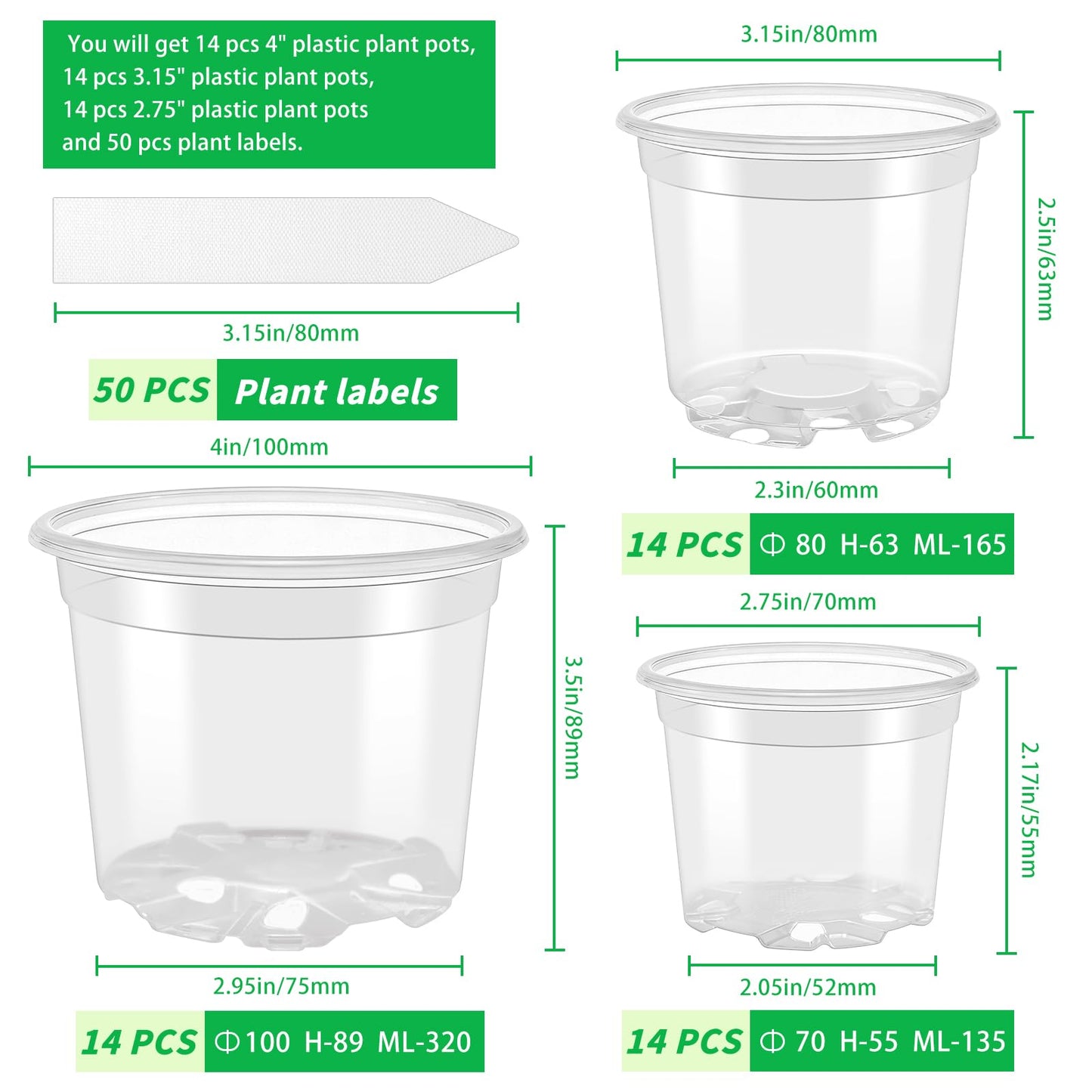 VOKOY 42 Pack 4/3/2.75 Inch Clear Nursery Pots with 50 Plant Labels, Clear Plant Pots with Drainage Hole Plastic Transparent Variety Pack Garden Flower Seedling Pots Small Planter Containers