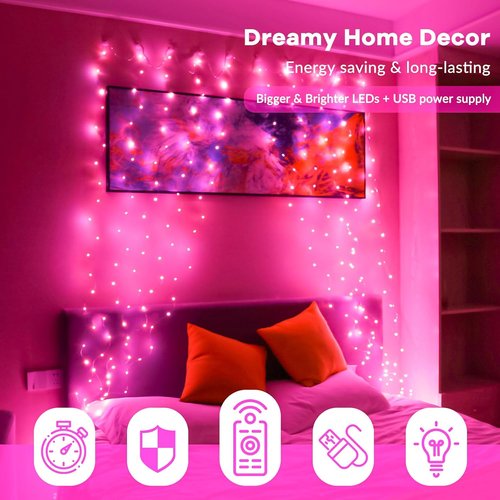 HXWEIYE 300LED Fairy Curtain Lights - 9.8x9.8Ft USB Plug-In with 8 Modes & Remote - Pink, Standard 1 Pack
