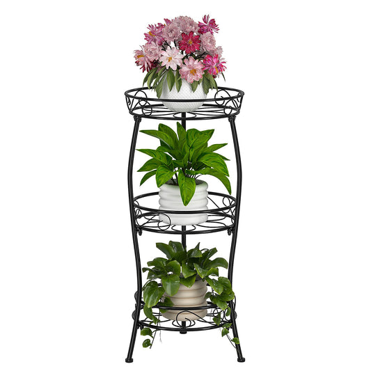 VECELO 3 Tier Metal Outdoor Plant Stand Indoor, Rustproof Stable 33.8” Tall Iron Flower Stand, Decorative Multiple Heavy Duty Plant Holder for Corner, Patio, Balcony Garden, Black