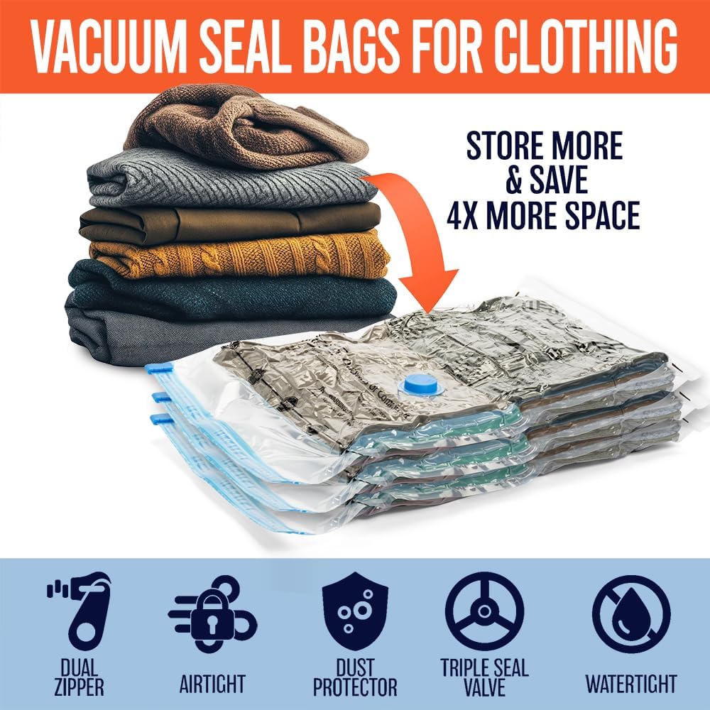 Skiennix Vacuum Seal Bags - Jumbo Space Saver for Clothing & Blankets | Hand Pump Included