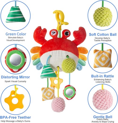 Lynncare Car Seat Toy - Engaging Stroller Toy with Clip, Rattle, Mirror & Bell for Infants 0-6 Months