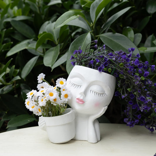 Lady Face Planter Pots Head - Double Cute Planters for Indoor Plants, Flower & Succulent with Drainage Holes, Novelty Head Plant Pot for Home Garden Succulents Cactus White