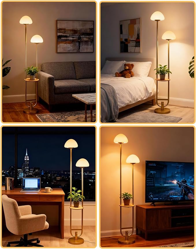 Lightdot 63IN Gold Dimmable Floor Lamp with Table& Mushroom Shades, Modern Mid Century Standing Lamps with Bulbs Included, Unique Vintage Tall Floor Lamp for Living Room/Sofa Beside/Corner Decor