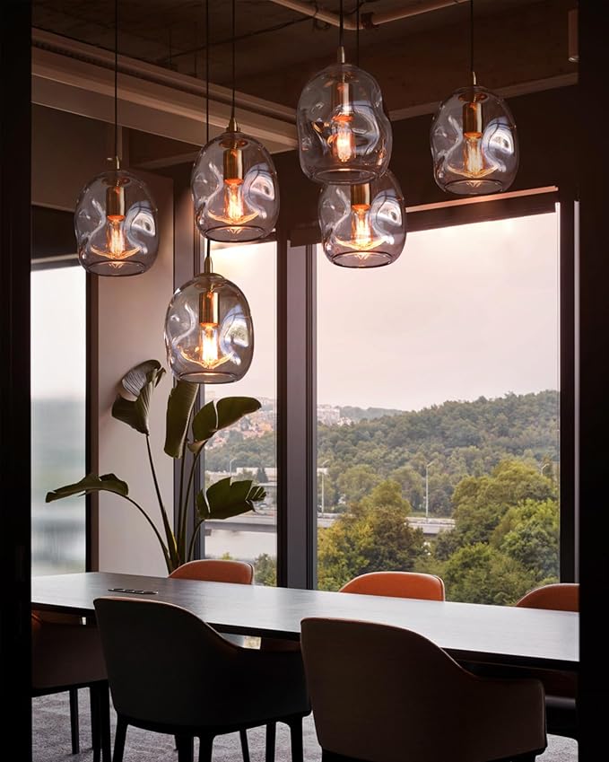 CASAMOTION Modern Glass Pendant Light Kitchen Island Gold and Clear Organic Globe Ceiling Hanging Fixtures Art Glass Industrial Design Dining Room Sink Bar Counter Porch Small Medium Lamp 8 Inch H