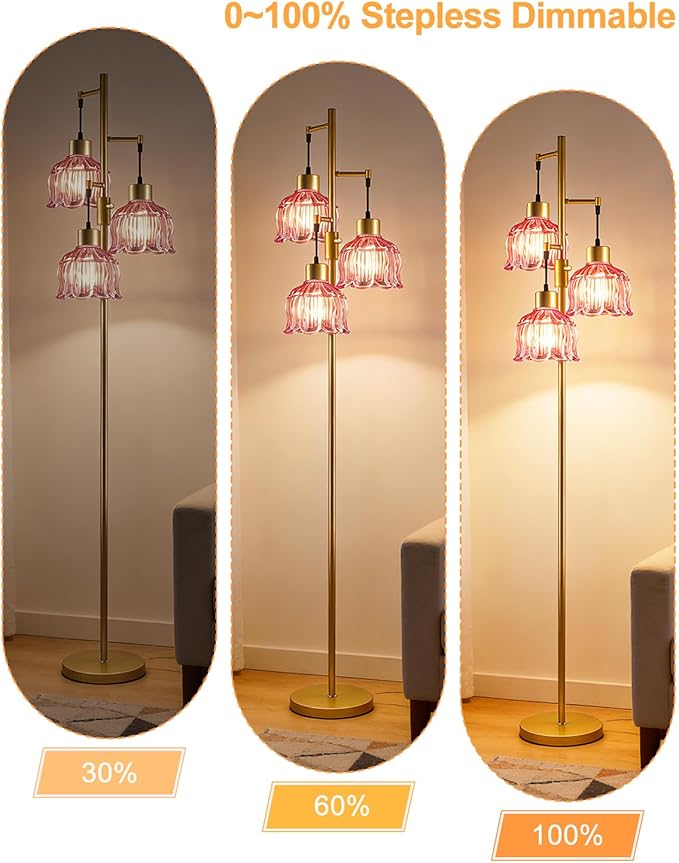 Lightdot 3-Light Flower Floor Lamps, 65'' Dimmable Floor Lamp with Rose Red Glass Shade& E12 Bulbs Included, Mid Century Standing Lamp for Living Room/Bedroom/Sofa Beside/Corner Decor-Gold