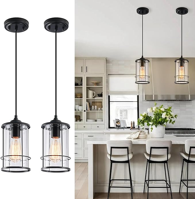 Pendant Lights, Black Hanging Light Fixtures Kitchen Island 2 Pack with Clear Glass, Modern Industrial Cage Pendant Lighting for Kitchen Dining Room Entryway Bathroom