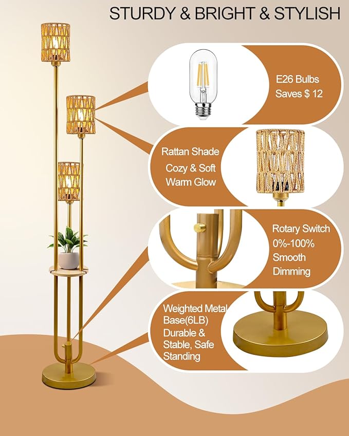 Lightdot Dimmable Boho Floor Lamps for Living Room, 3-Lights Rattan Floor Lamp with Shelves, Farmhouse Floor Lamp, Rustic Gold Standing Lamp with Warmwhite Bulbs Included for Sofa Beside/Corner Decor