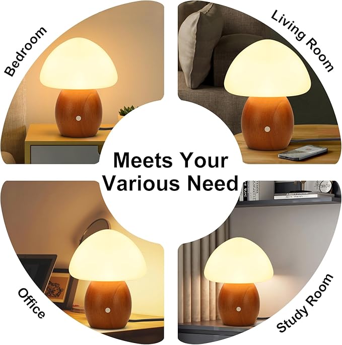 Mushroom Lamp with Touch Control Switch, Small Wooden Table Lamp with Glass Shade, 3 Way Dimmable Nightstand Lamp for Bedroom, G9 LED Bulb Included (Brown Color&Opal White Glass Shade)