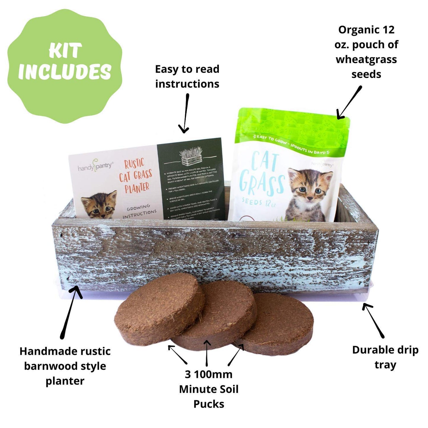 Organic Cat Grass Seeds Kit - Decorative Reclaimed Barnwood Style Organic Wheatgrass Seeds Planter - Aged Brown - Hairball Remedy for Cats, Healthy Pet Grass Supplement & Wheatgrass Growing Kit