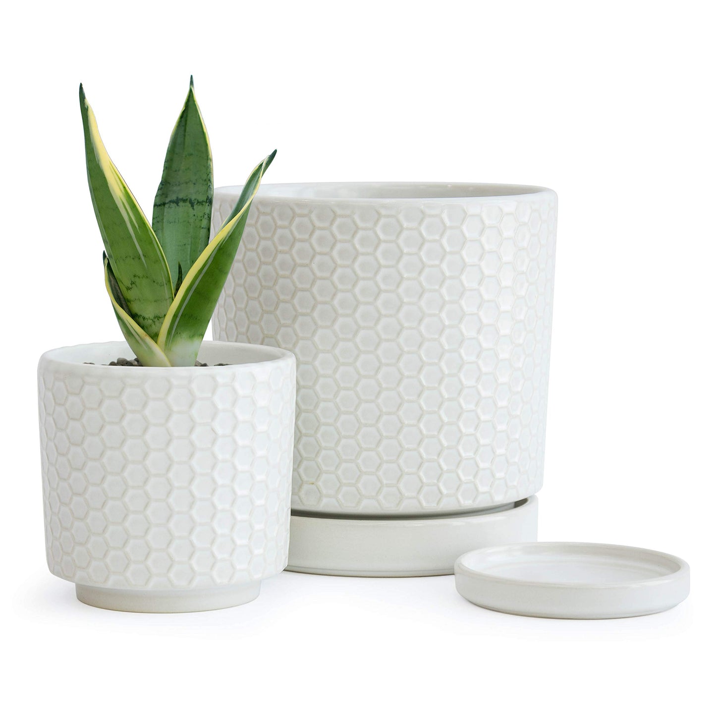 D'vine Dev Set of 2 Modern Matte White Honeycomb Embossed Ceramic Planter Pots with Saucer and Drainage Hole, 4 Inch & 6 Inch, 99-C-1-N