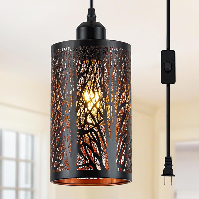 Industrial Black Plug in Pendant Light Vintage Mini Black Gold Hanging Lighting Rustic Hollow-Carved Cylinder Plug-in Pendant Light for Kitchen Island, Bedroom, Dining Room, Hallway