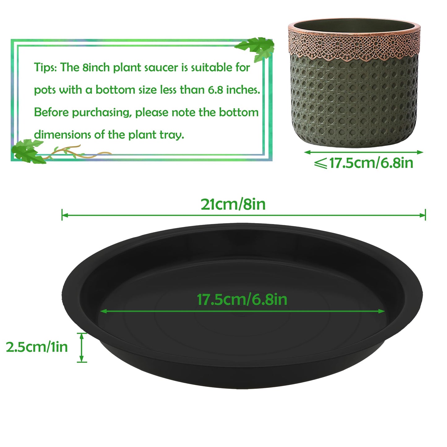 TNTIWQ 6 Pack 8 Inch Round Plant Saucers for Less 6.8 Inch Pot Indoors Outdoors Plant Trays for Pots Planter Saucer Plastic Plant Drip Tray Planter Water Tray for Potted Plants(Black, 8"(6pcs))