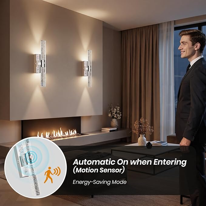 Motion Sensor Wall Sconces Battery Operated, Rechargeable Wall Sconce, 3CCT Battery Wall Sconce, 12000mAh Dimmable with Remote for Bedroom, Living room, Hallway Decor (15.3 inch – Chrome - 1 Pack)