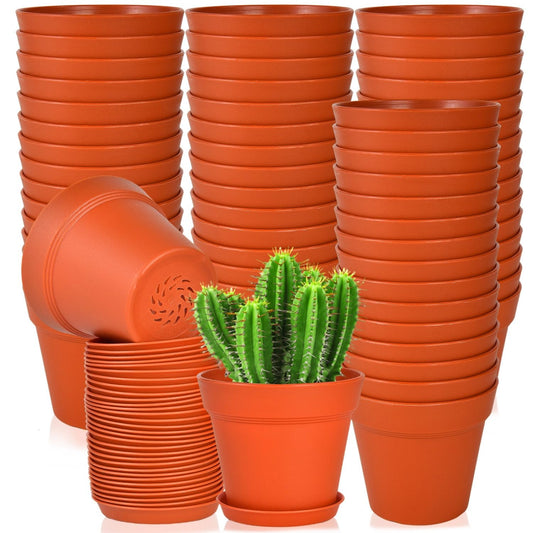 June Fox 60 Pack Small Plant Pots Indoor 4 Inch Plastic Planter with Drainage Holes and Saucers Premium Terracotta Pots Bulk for Succulent, African Violets, Flowers, Seed Starting